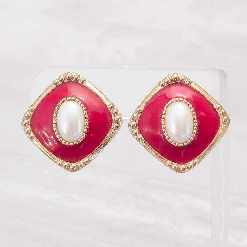 Vintage Stud Earrings Red Enamel Gold Tone & Faux Pearl Regal Statement Large